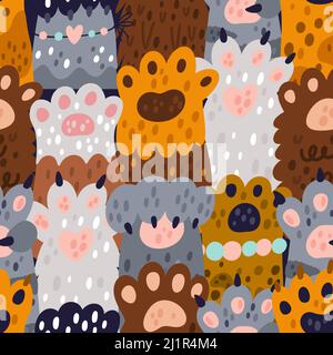 Nahtloses Muster mit Katzenpfoten. Niedliches Muster mit Kätzchen-Beinen. Verschiedene Farben und Rassen. Gepunktete oder gestreifte Katzenfüße mit Krallen. Kätzchen zottelige Gliedmaßen Stock Vektor
