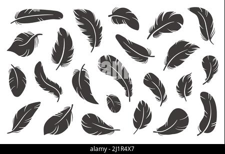 Symbole für weiche Kanten. Schwarze Silhouetten des Gefieders. Verschiedene Formen birdy Elemente. Weiche und flauschige Federung. Leichte, weich und biegsam. Schreiben Stock Vektor