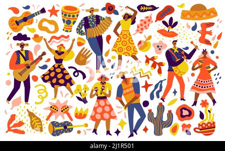 Festa Junina. Brasilien Volksfest, Latino Winter Beginn, 13 juni Party Elemente, helle Menschen in traditionellen Kleidern und Hüten, nationale Tänze und Stock Vektor