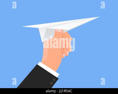 Die Hand hält die Papierebene. Weißes Flugzeug werfen. Blauer Himmel Hintergrund. Menschlicher Arm. Flug mit Origami-Flugzeugen. Startup-Konzept. Neues Projekt wird gestartet Stock Vektor