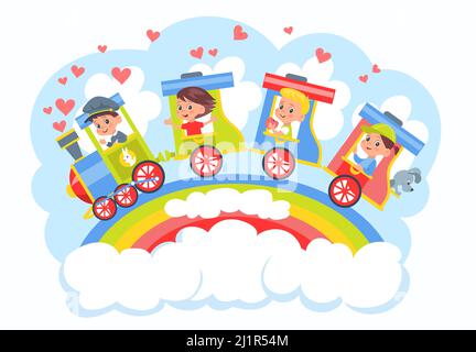 Kinder trainieren. Jungen und Mädchen fahren in bunten Anhängern auf Regenbogen. Kinderattraktion. Lustiger Transport. Wolken und Herzen. Babys fahren Lokomotive mit Stock Vektor