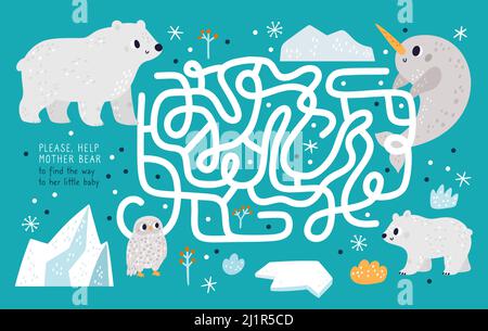 North Tiere Kinder Spiel. Polare Fauna. Kinder lustigen Labyrinth. Arktische Kreatur. Eule und Narwal. Logisches Puzzle. Weg vom weißen Bären zum Jungen finden Stock Vektor