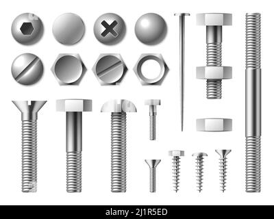 Realistische Metallschrauben. Muttern und Schrauben aus Stahl. Nägel oder Nieten. Runde oder sechseckige Metallkappen. Chrome-Befestigungsvorrichtungen. Reparaturwerkzeuge. Hardware Stock Vektor