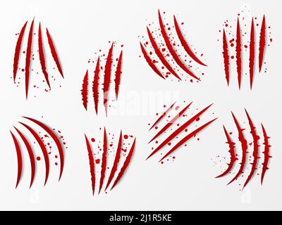 Rote Klauen kratzen. Abstrakte Tier blutigen Schäden. Werwolf-Talons. Papierbrüche. Realistische Bestie Halloween Streifen. Bestie zerschredder Angriff. Rau Stock Vektor