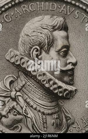 Albert von Österreich (1559-1621), Erzherzog von Österreich und souveräner Fürst der Niederen Länder (1598-1621). Hochformat. Gravur von Masson. Lithographie von Magín Pujadas. Historia General de España, von Modesto Lafuente'. Band III Veröffentlicht in Barcelona, 1879. Stockfoto