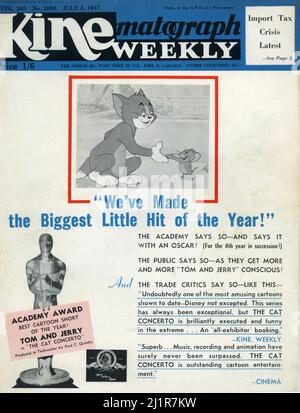 Frontcover der Kinematograph Weekly vom 3. 1947. Juli, auf der der Oscar-Gewinner TOM UND JERRY in der Kurzfilmserie THE CAT CONCERTO 1947 mit den Regisseuren und Schriftstellern JOSEPH BARBERA und DEM WILLIAM HANNA-Produzenten FRED QUIMBY Metro Goldwyn Mayer wirbt Stockfoto