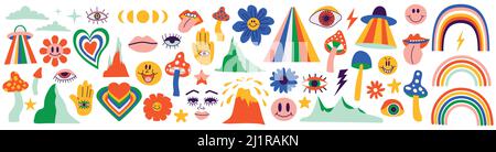 Set von Hipster Retro coolen psychedelischen Elementen. Eine Sammlung Grafiken von groovigen Cliparts aus dem Jahr 60s 70s. Abstrakte Symbole Design von Cartoon-Sticker Stock Vektor