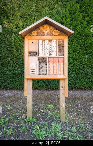 Insektenhaus Käferhotel Erddig Herrenhaus aus dem 18. Jahrhundert und angelegte Gärten und See in der Nähe von Wrexham Stockfoto