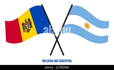 Moldawien und Argentinien Flaggen gekreuzt und winken Flat Style. Offizieller Anteil. Korrigieren Sie Die Farben. Stockfoto