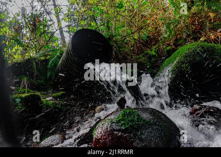Großes Metallrohr mit Wasser, das auf Felsen mit Moosbedeckung fließt. Stockfoto