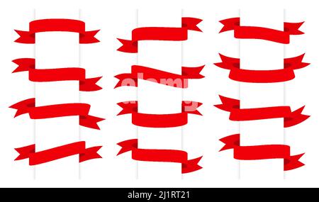 Flaches Set mit rotem Band. Bänder um weißes leeres Papier. Bannerkarte, Verkaufsetiketten, Website heraldisches Vintage-Element. Tag für Urlaubsrabatt. Design-Element mit unterschiedlicher Form. Weihnachtsfeier Dekor Label Stock Vektor