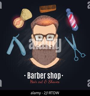 Friseurladen Design mit Arbeitswerkzeugen und Gesicht von Hipster Auf schwarzem Hintergrund handgezeichnete Vektorgrafik Stock Vektor
