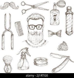 Barber Elements handgezeichnetes Set mit Gesicht von Hipster-Objekten Für Haarschnitt und Rasur isolierte Vektor-Illustration Stock Vektor