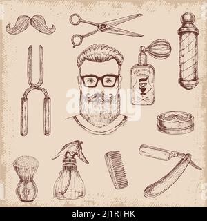 Handgezeichneter Friseur Hipster Charakter Kopf und Elemente mit gesetzt Verschiedene professionelle Rasur Haarschnitt Werkzeuge Bilder Vektor Illustration Stock Vektor