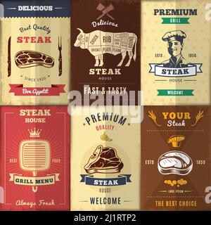 Vintage Steak House Poster Set mit Fleisch-Menü gegrillte Gerichte Stier und Koch Vektorgrafik Stock Vektor