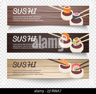 Japanische Lebensmittel horizontale Banner mit Essstäbchen halten Sushi über Schüssel Mit Soja auf Holzhintergrund Vektorgrafik Stock Vektor