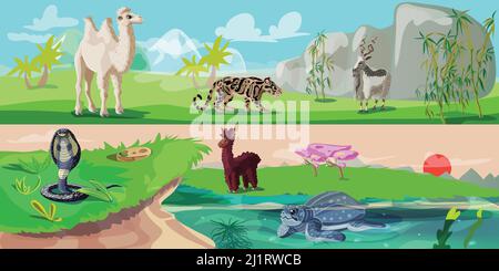 Bunte asiatische Tiere horizontale Banner mit Kamel Panther Wildziege Snake lama und Schildkröte auf Natur Landschaft Vektor Illustration Stock Vektor