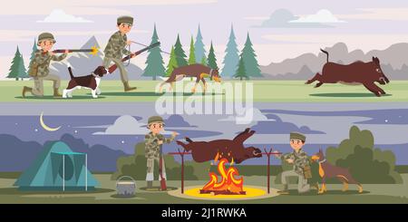 Jagd horizontale Banner mit Jägern laufen für Wildschwein und Kochen Beute auf Split bei Nacht Vektor-Illustration Stock Vektor