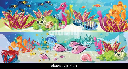 Cartoon helle marine Leben horizontale Banner mit Fischen Seepferdchen Krabbe Quallen Schale natürliche Algen Korallen Pflanzen Vektor-Illustration Stock Vektor