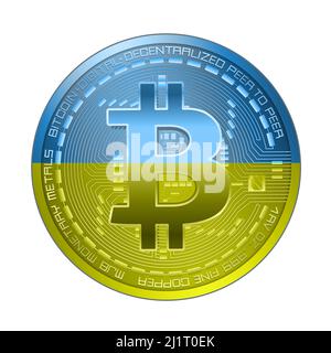 Bitcoin-Münze in ukrainischen Flaggen-Farben, isoliert auf weißem Hintergrundraster Stockfoto