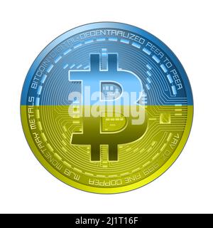 Bitcoin-Münze in ukrainischen Flaggen-Farben, isoliert auf weißem Hintergrund-Vektor Stock Vektor