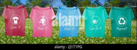 T-Shirts mit Liebe, tragen, waschen, pflegen, Text und Symbole wiederholen, ethisch nachhaltige Mode, machen es zuletzt Stockfoto