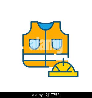 Hut und reflektierende Jacke für Bauarbeiter. Pixel-perfektes, bearbeitbares Symbol für Konturfarbe Stock Vektor