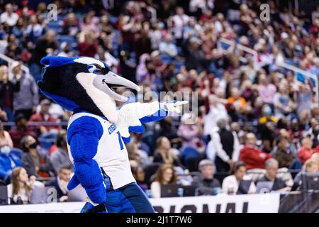 Greensboro, NC, USA. 27. März 2022. Das Maskottchen von Creighton Bluejays tanzt während der Auszeit des vierten Quartals beim NCAA Women's Basketball Tournament 2022 im Greensboro Coliseum in Greensboro, NC. (Scott Kinser/ACC). Kredit: csm/Alamy Live Nachrichten Stockfoto