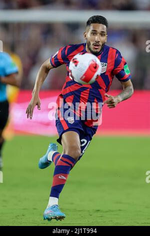 Orlando, Florida, USA. 27. März 2022: Der US-Stürmer JESUS FERREIRA (20) fährt den Ball während des Qualifikationsspiel der USMNT gegen Panama CONCACAF FIFA Weltmeisterschaft im Exploria Stadium in Orlando, FL am 27. März 2022. (Bild: © Cory Knowlton/ZUMA Press Wire) Bild: ZUMA Press, Inc./Alamy Live News Stockfoto