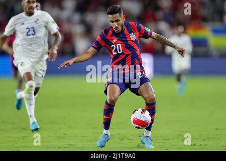 Orlando, Florida, USA. 27. März 2022: Der US-Stürmer JESUS FERREIRA (20) greift den Ball beim Qualifikationsspiel der USMNT gegen Panama CONCACAF FIFA Weltmeisterschaft im Exploria Stadium in Orlando, FL am 27. März 2022 an. (Bild: © Cory Knowlton/ZUMA Press Wire) Bild: ZUMA Press, Inc./Alamy Live News Stockfoto