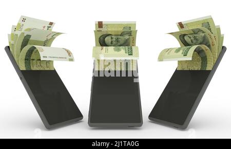 100000 iranische Rialnotizen in einem Mobiltelefon. Geld kommt aus dem Mobiltelefon. 3D Rendering von Satz von mobilen Geldtransaktionskonzept. Geld aus Stockfoto