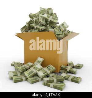 3D Wiedergabe eines Pappkartons voller 100000 iranischer Rialnoten isoliert auf weißem Hintergrund Stockfoto