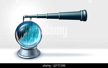 Business Forecasting und Future Business Forecast Konzept als Symbol für die Vorhersage des Zustands der Wirtschaft als Kristallkugel mit finanzieller Perso Stockfoto