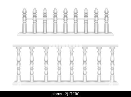 Balustrade aus weißem Marmor, Handlauf für Balkon, Veranda oder Garten im klassischen römischen Stil. Vector realistische Satz von barocken Steingeländer, Geländer mit pi Stock Vektor