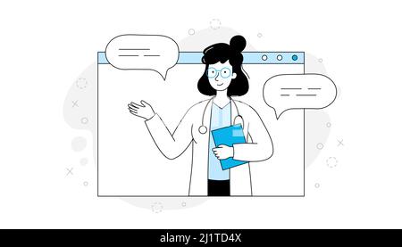 Online-Arzt, virtuelle Medizin Illustration. Arzt im Computerbildschirm skizzieren Doodle-Stil. Medizin Web-App, Online-Klinik, mobile Apotheke Service Vektor Illustration. Stock Vektor