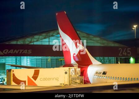 Qantas-Flugzeug VH-EBF, Airbus A330-200, der am Inlandsflughafen von Sydney geparkt ist und im Morgenlicht von einem Catering-Truck aufgefüllt wird Stockfoto