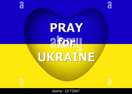 3D Text von PRAY for UKRAINE auf blauen und gelben Streifen mit herzförmiger ukrainischer Flagge Stockfoto