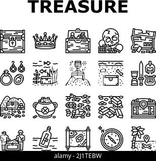 Treasure Golden Jewels In Truhe Icons Set Vector Stock Vektor