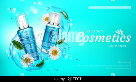 Kosmetische Produkte im Wasser spritzen mit Kamillenblüten Minzblätter. Vektor realistische Marke Poster mit Kräuterkosmetik in blauen Röhren für Haar Gesicht Stock Vektor