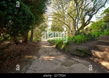 Pfad in einem Ziergarten in Newstead Abbey, Nottinghamshire, Großbritannien Stockfoto