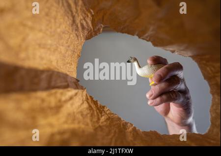 Eine Hand legt eine Gänsefigur in einen Papierbeutel. Die Hand eines reifen Mannes hält das Spielzeug eines Kindes über einer offenen braunen Tasche. Von unten nach oben geschossen. Nahaufnahme. Sel Stockfoto