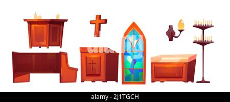 Katholische Kirche innen Inneneinrichtung Glasfenster, Altar und Holzbank, Kreuz, Tribüne, Wandlampe, Kerzen isoliert auf weißem Hintergrund. C Stock Vektor