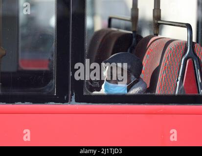 London, Großbritannien. 27. März 2022. Ein Mann mit Maske fährt in London, Großbritannien, am 27. März 2022 in einen Bus. Kredit: Li Ying/Xinhua/Alamy Live Nachrichten Stockfoto