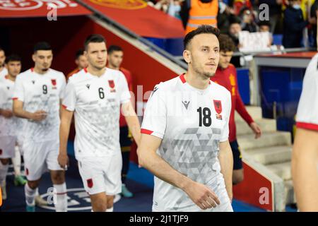 Barcelona, Italien. 26. März 2022. Ardian Ismajli von Albanien während des Internationalen Freundschaftsspiel zwischen Spanien und Albanien am 26. März 2022 im RCDE-Stadion in Barcelona, Spanien Quelle: Independent Photo Agency/Alamy Live News Stockfoto