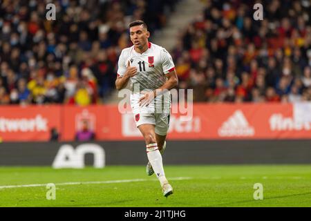 Barcelona, Italien. 26. März 2022. Myrto Uzuni aus Albanien während des Internationalen Freundschaftsspiel zwischen Spanien und Albanien am 26. März 2022 im RCDE-Stadion in Barcelona, Spanien Quelle: Independent Photo Agency/Alamy Live News Stockfoto