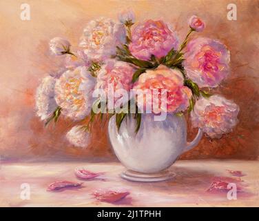 Original Ölgemälde mit rosa Pfingstrosen Blumenstrauß in einer Schüssel. Gattung Paeonia, Familie Paeoniaceae.Moderne Impressionismus, Moderne, Marinismus Stockfoto