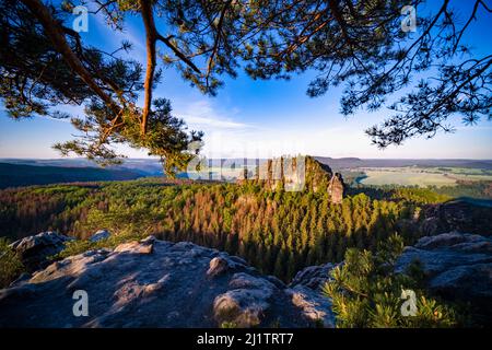 Landschaft mit Felsformationen und dem Gipfel Rauschenstein im Schmilka-Gebiet des Nationalparks Sächsische Schweiz bei Sonnenaufgang. Stockfoto