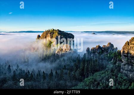 Nebelbedeckte Landschaft mit Felsformationen und der Gipfel Rauschenstein im Schmilka-Gebiet des Nationalparks Sächsische Schweiz bei Sonnenaufgang. Stockfoto