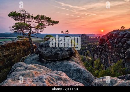 Landschaft mit Felsformationen und dem Gipfel Rauschenstein im Schmilka-Gebiet des Nationalparks Sächsische Schweiz bei Sonnenuntergang. Stockfoto