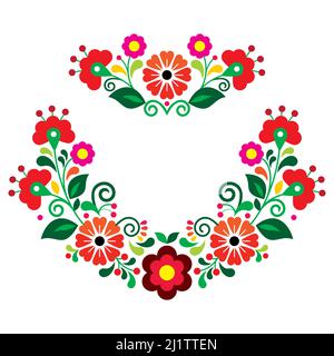Mexikanische traditionelle Volkskunst Stil Vektor Blumenkranz Muster Set, Design-Kollektion mit roten, rosa und orange Blumen inspiriert von traditionellen embro Stock Vektor